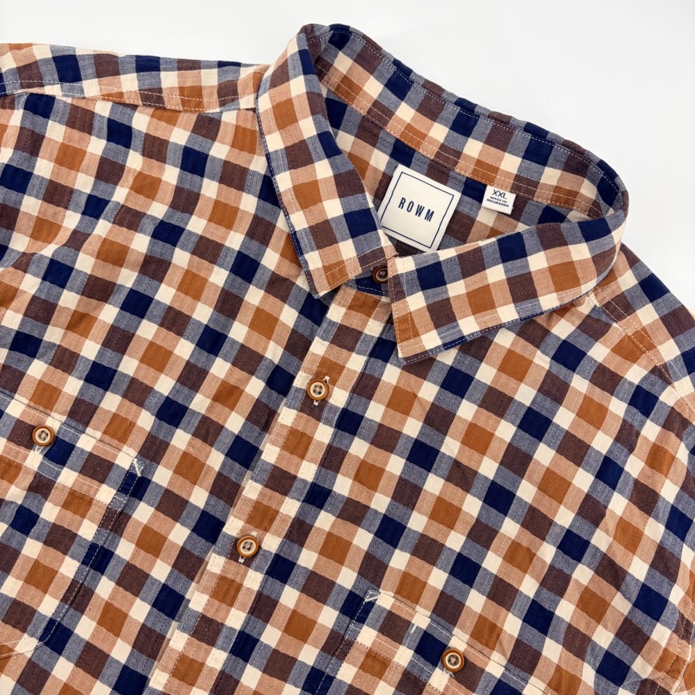 ROWM‎ Button Down Shirt Mens XXL Brown Navy Gingham Plaid Long Sleeve Flannel